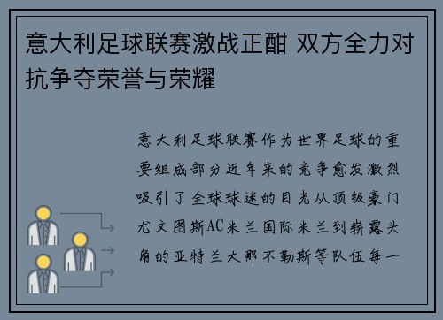 意大利足球联赛激战正酣 双方全力对抗争夺荣誉与荣耀
