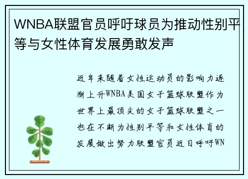 WNBA联盟官员呼吁球员为推动性别平等与女性体育发展勇敢发声