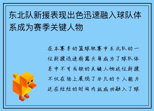 东北队新援表现出色迅速融入球队体系成为赛季关键人物