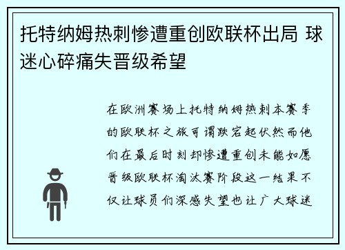 托特纳姆热刺惨遭重创欧联杯出局 球迷心碎痛失晋级希望