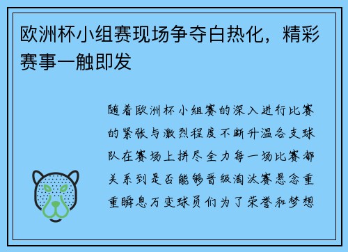 欧洲杯小组赛现场争夺白热化，精彩赛事一触即发
