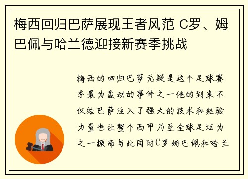 梅西回归巴萨展现王者风范 C罗、姆巴佩与哈兰德迎接新赛季挑战