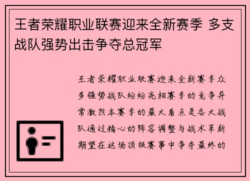 王者荣耀职业联赛迎来全新赛季 多支战队强势出击争夺总冠军